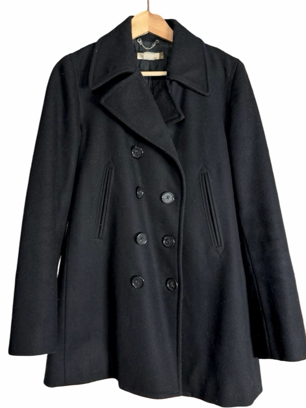 Vintage J.Crew medium Black Wool Double Breasted Pea Coat Mid Length welt Pocket